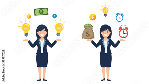Two businesswomen gracefully balance ideas, money, time, and packages, symbolizing effective resource management, multitasking, and work-life balance.