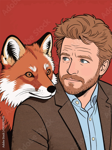 A man sits next to a red fox, both looking toward the viewer against a bright backdrop. This scene captures a moment from a creative art event.