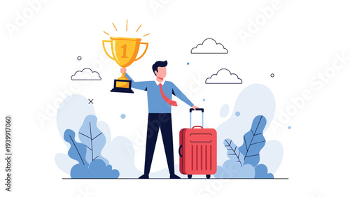 Successful businessman proudly holds a golden trophy and a red travel suitcase, symbolizing achievements, rewarding journeys, and well-deserved recognition.