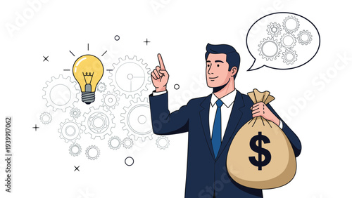 Businessman points upward, holding a money bag, with a lightbulb and gears in the background, symbolizing profitable ideas, innovation, and strategic thinking.