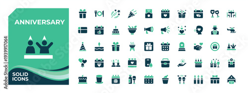 Anniversary colorful solid icon set. Includes symbols for fun, event, present, decoration, festival, holiday, surprise and more. Filled icons in filled style. Celebrate icon set. Pixel Perfect.