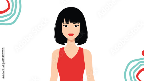 Smiling young woman with short black hair and a vibrant red top looks confidently, framed by abstract circular elements, embodying modern style.