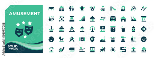 Set of Amusement colorful solid icon. Contain filled symbols fun, carnival, park, games and more. Carnival vector solid icon set. Vector collection.