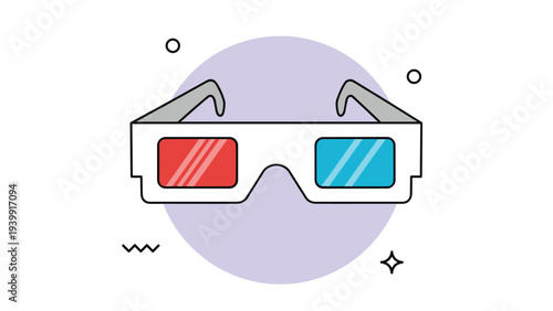 Classic 3D glasses with distinct red and blue lenses, set against a stylish light purple circular background, symbolizing entertainment and cinematic experience.