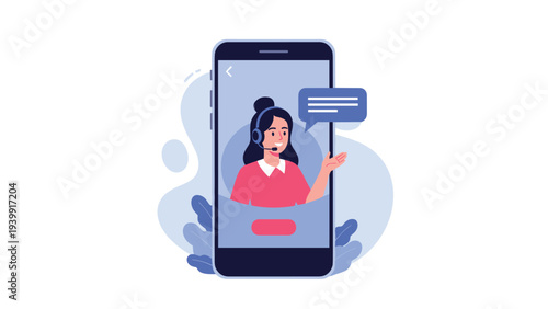 Friendly female customer service representative with a headset appears in a smartphone screen, ready to assist, symbolizing online support or virtual help desk.