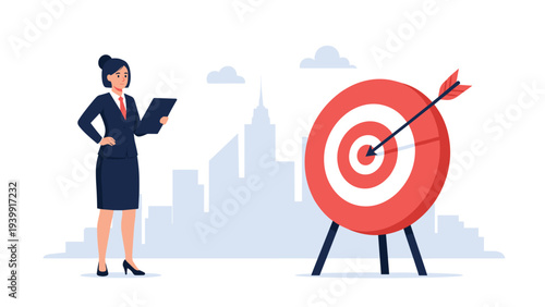 Confident businesswoman stands next to a bullseye target with a direct hit, symbolizing successful goal achievement, strategic planning, and precision.