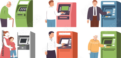 People using ATM machines vector illustration showing cash withdrawal self-service banking payment terminal and modern financial service concept