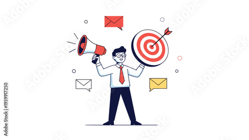 Businessman holds a megaphone and a bullseye target with an arrow, surrounded by mail icons, symbolizing targeted marketing, communication, and campaign success.