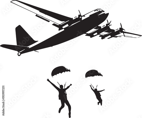 Military aircraft parachutists airborne operation aviation adventure silhouette vector illustration design