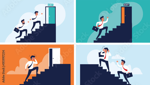 Four scenes depict businessmen running up stairs towards an exit door, illustrating varied emotions and outcomes in career paths or business challenges.