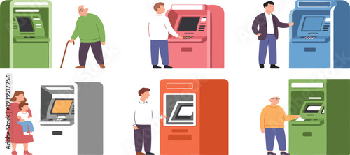 People using ATM machines vector illustration showing cash withdrawal self-service banking payment terminal and modern financial service concept