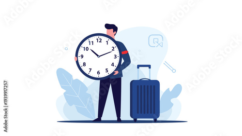 Man holding a large clock stands next to a travel suitcase, symbolizing punctuality, travel planning, or the importance of time management during journeys.