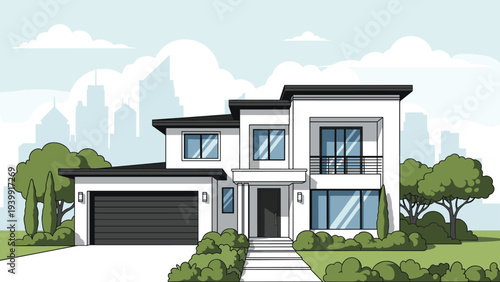 Modern two-story house with an attached garage and lush landscaping, set against a distant city skyline, symbolizing urban living and comfortable home.
