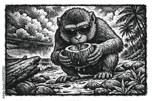 Funny Monkey Wearing Sunglasses Drinking from a Coconut on a Tropical Beach Woodcut Vector Illustration with Detailed Engraving and Summer Vibes