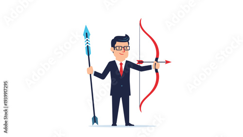 Confident businessman in glasses holds a bow and arrow along with a spear, symbolizing strategic targeting, readiness, and diverse problem-solving approaches.