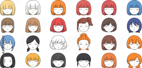 Female avatar faces collection with diverse hairstyles hair colors and expressions flat character portraits for user profile vector set