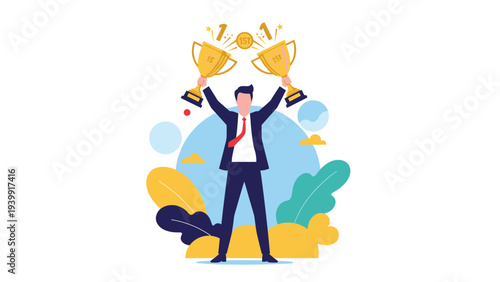 Ecstatic businessman proudly holding two golden trophies above his head, celebrating outstanding success and triumphant achievement.