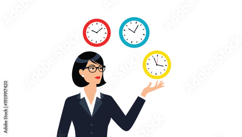 Focused businesswoman expertly juggling three colorful clocks in the air, representing efficient time management and multitasking skills.