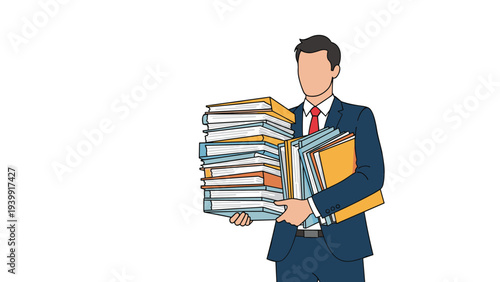 Professional businessman struggling to carry an excessively large and overflowing stack of various documents and folders.