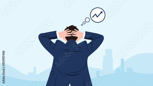 Thoughtful businessman with hands on his head, contemplating a positive growth trend represented by an upward arrow in a thought bubble.