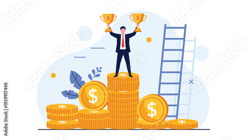 Victorious businessman standing atop a massive stack of golden coins, proudly holding two trophies, symbolizing immense financial success and career achievement.