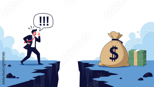 Distressed businessman shouting across a dangerous chasm towards a distant bag of money, symbolizing a significant financial gap or challenge.