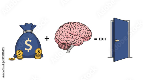 Visual equation showing a money bag plus a brain leads to an exit sign, symbolizing smart investment for a successful business exit strategy.