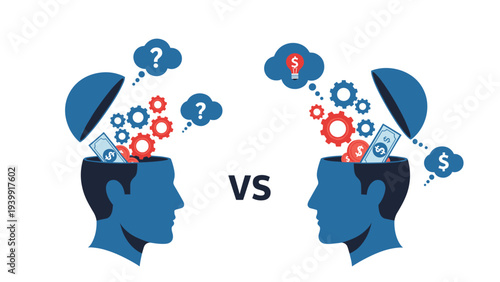 Conceptual illustration comparing two open minds, one with questions and gears, the other with ideas, money, and gears, separated by "VS", symbolizing different approaches to problem-solving.