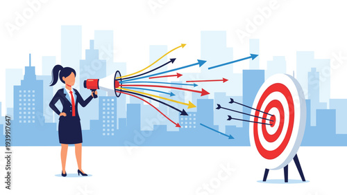 Dynamic businesswoman enthusiastically shouting into a megaphone, directing numerous arrows towards a distant bullseye target, symbolizing focused marketing and communication strategy.