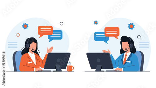 Two attentive female customer service representatives wearing headsets, engaged in online communication at their computers with chat bubbles, symbolizing efficient client support.