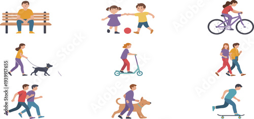 People daily activities vector set with walking running cycling dog walking family and outdoor lifestyle scenes illustration collection