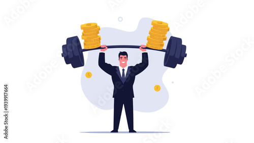 Strong businessman confidently lifting a heavy barbell with golden coins as weights, symbolizing financial strength, power, and wealth building.