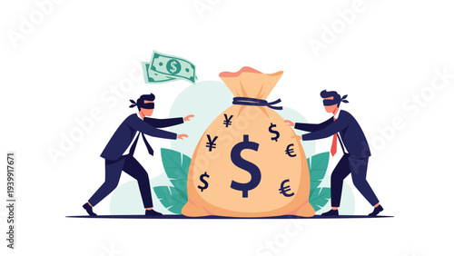 Two blindfolded businessmen cautiously reaching out towards a large bag of money, with bills floating above, symbolizing investment risk and the pursuit of uncertain financial gains.