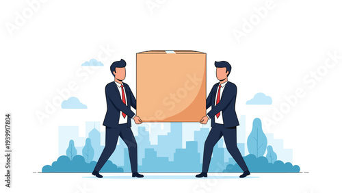 Two businessmen diligently carrying a large cardboard box together, symbolizing teamwork, collaboration, and efficient delivery or moving services.