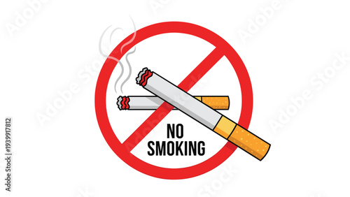 Prominent red circular no smoking sign clearly displaying two lit cigarettes, emphasizing a strong prohibition against smoking.
