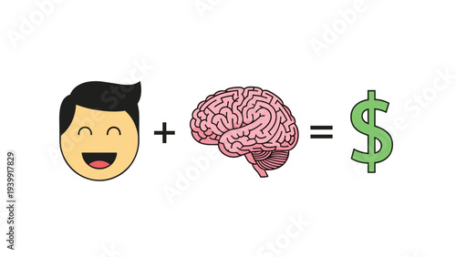 Visual equation illustrating a happy face combined with a brain equals a dollar sign, symbolizing the profitable outcome of smart thinking and satisfaction.