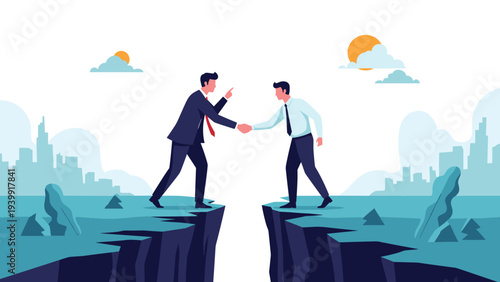 Two businessmen shaking hands across a formidable chasm, symbolizing successful negotiation and bridging divides in a business agreement.