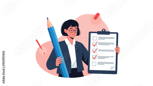 Cheerful businesswoman holding a giant pencil and a clipboard with a completed checklist, symbolizing task completion and successful planning.