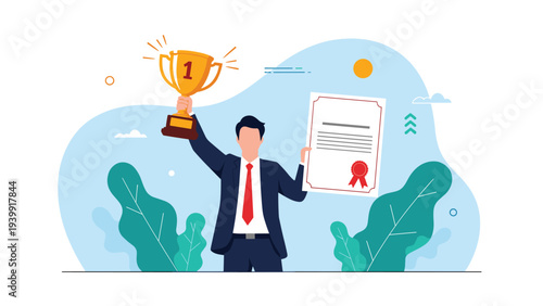 Enthusiastic businessman proudly holding a golden trophy and a certificate, celebrating his outstanding achievement and academic or professional success.