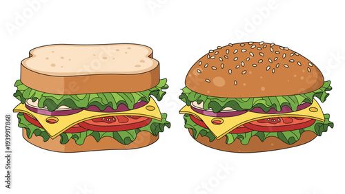 Delicious sandwich with a flat top bread slice and a classic burger with a sesame bun, both filled with fresh ingredients.