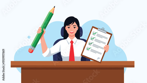 Cheerful businesswoman seated at a desk, confidently holding a giant green pencil and a clipboard with a completed checklist, symbolizing efficient task management.