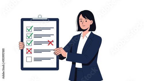 Confident businesswoman holding a clipboard with a detailed checklist, clearly indicating completed and incomplete tasks, symbolizing effective task management.