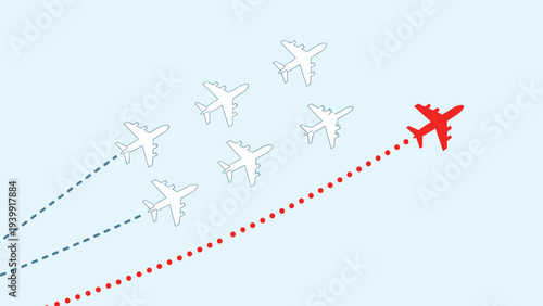 Several white airplanes flying in formation, with one distinct red airplane breaking away and charting a bold, new flight path.