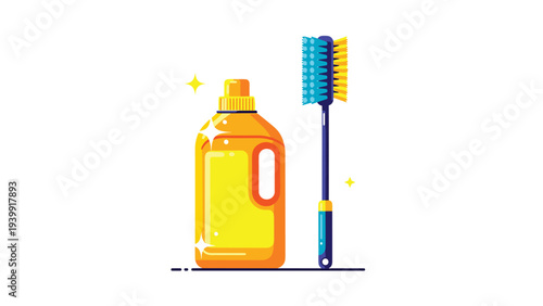 Bright yellow bottle of cleaning liquid paired with a vibrant blue long-handled scrubbing brush, representing household cleaning supplies and hygiene.