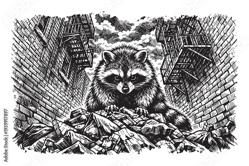 Scavenging Raccoon on Trash Cans and Bags, Detailed Woodcut Vector Illustration of Urban Wildlife in Hand Drawn Engraved Art Style.