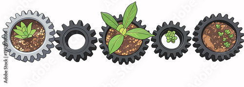Plants grow in gear shapes, combining nature and machinery in a creative display during daylight hours in a simple setting.
