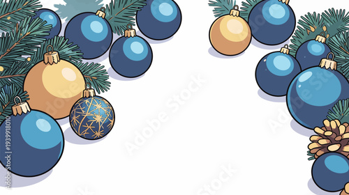 A collection of blue and gold ornaments sits among pine branches, ready for the holiday season. This scene captures festive spirit.