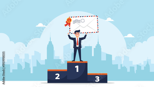 Victorious businessman standing on a number one podium, proudly holding an awarded letter with a gold medal, symbolizing recognition and success.