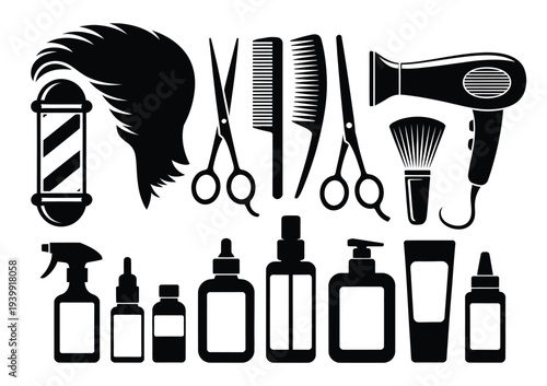 Black and white hair salon tools and products silhouette