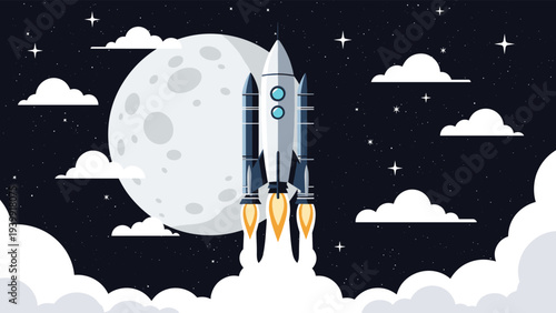Powerful rocket launching towards the majestic moon in a star-filled night sky, surrounded by clouds, symbolizing ambition and space exploration.